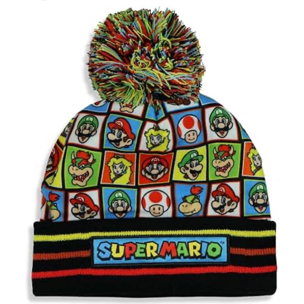Nintendo Super Mario Beanie Kids One Size Multicolor NWT Pom Character Grid Hat